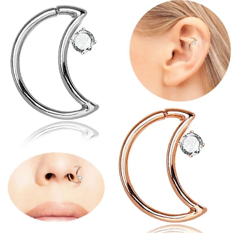 

Trendy Gold Silver Color Stainless Steel Clip On Hoop Moon Nose Stud Piercing CZ Crystal Nose Rings & Studs Ear Piercing Jewelry
