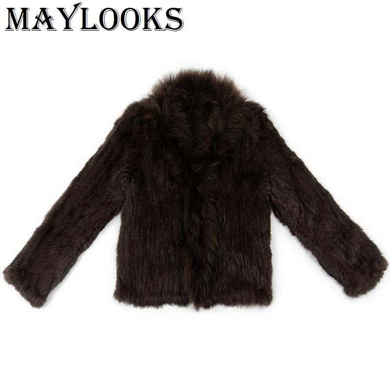 

Real Fur Vest Maylooks Knitted Real Rabbit Fur Coat Overcoat Jacket With Raccoon Collar Women's Winter Thick Warm Genuine Cs97