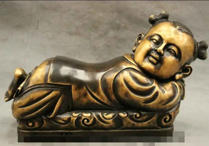 

S6677 14" FengShui Chinese Bronze Copper JiXiang Fu Girl Moppet Gal Statue Hand Pillow D0318