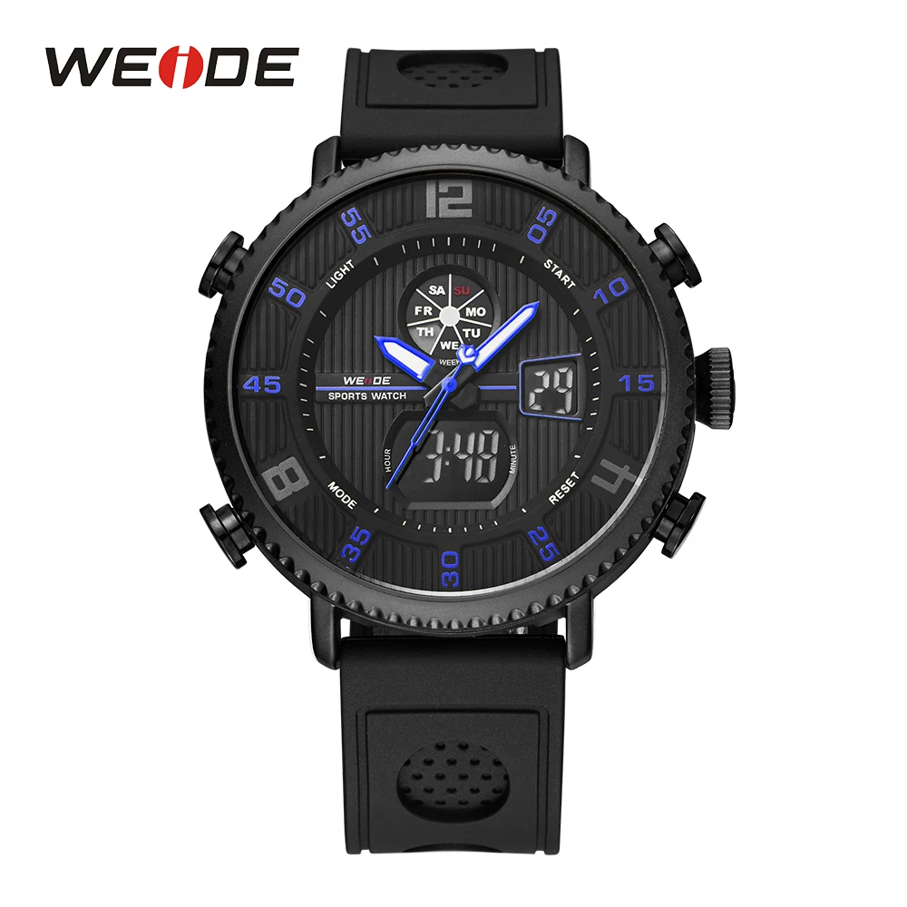 

WEIDE Mens Sport Date Day Back Light Analog Digital LCD Stopwatch Analog Hardlex Quartz Black Buckle Silicone Strap Wristwatch