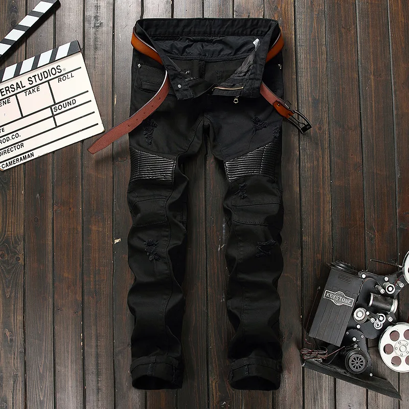 

2019 new personality spell leather pants occident men's hole casual ripped pants punk style black motorcycle long pants