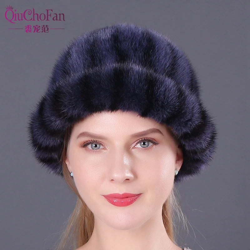 Mink Fur Bucket Hat Fashion Winter Solid Color Real Animals Fur Thicken Protective Headwear Female Natural Mink Fur Buckets Cap