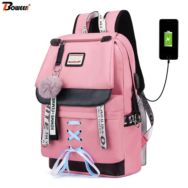 cheap Pink USB Backpacks Women School Backpack for Teenage Girls School Bag Large Canvas Middle High College Student Bagpack 2019 New