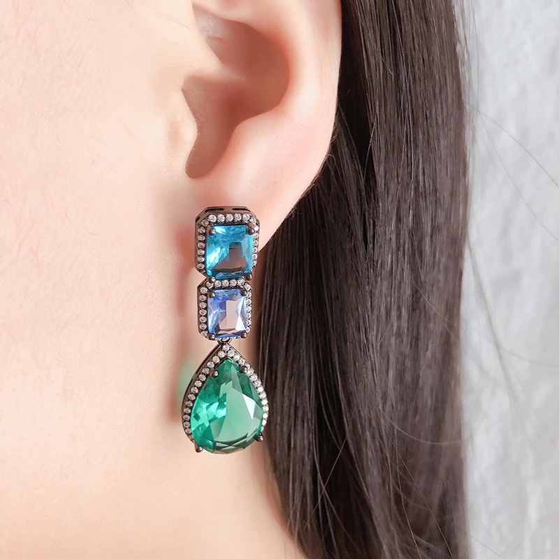 

2019 New Trendy Copper Colorful AAA Cubic Zirconia Geometric Square Water Drop Dangle Earrings Women Earrings Free Drop Shipping