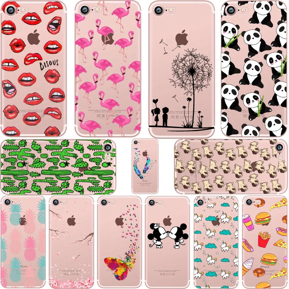 

Mickey&Minnie kiss Lips pineapple unicorn Flamingo cactus panda Clear soft silicone cases cover for iphone5S SE 6 6Splus 7 7plus