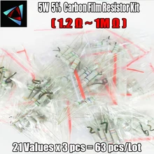 Free shipping 63PCS/LOT 5W resistor package 5% 1.2R-1M 21Values*3=63Pcs Commonly resistor kits carbon Resistors Assorted kit