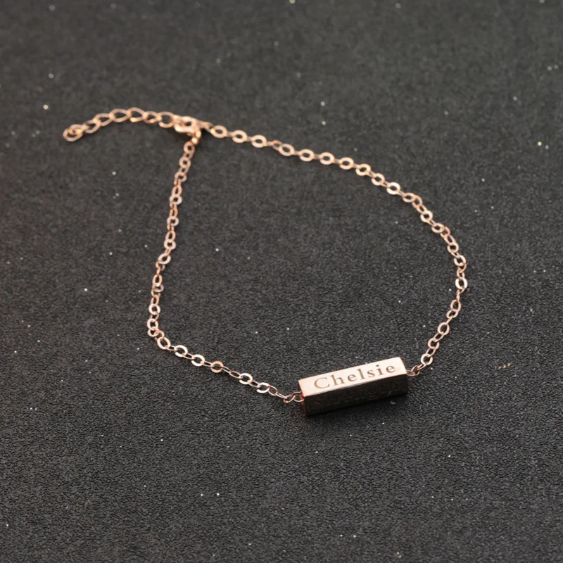 Rose Golden Customised Charm Engraved Anklet Sterling Silver Stamp Cubiod Pendant Bracelet Christmas Gift
