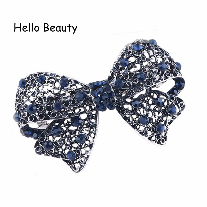 Vintage Retro Navy Crystal Bow Hair Clip Blue Rhinestone Hair