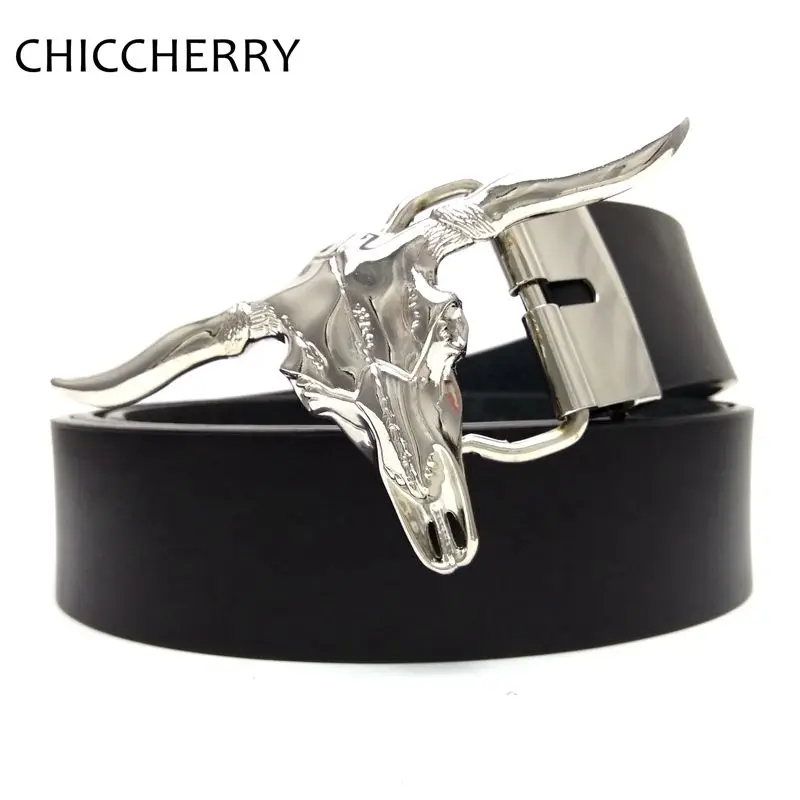 Cool Mens Western Cowboy Black PU Leather Belts Silver Bulls Head Belt