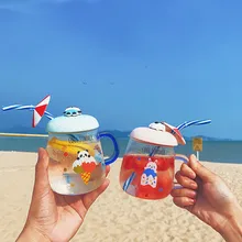 Прекрасный зонт от солнца мультяшный кролик панда ручка стеклянная кружка для воды пояс крышка соломы для дома, кухни, офиса молочный завтрак стеклянная чашка