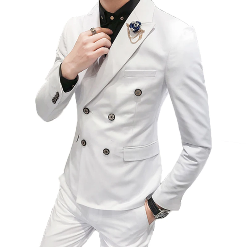 

2019 White Wedding Suits For Men Peak Collar Slim Fit 3 Pieces (Jacket +Vest+Pants) Custom Made Wedding Groom Prom Tuxedos Suits