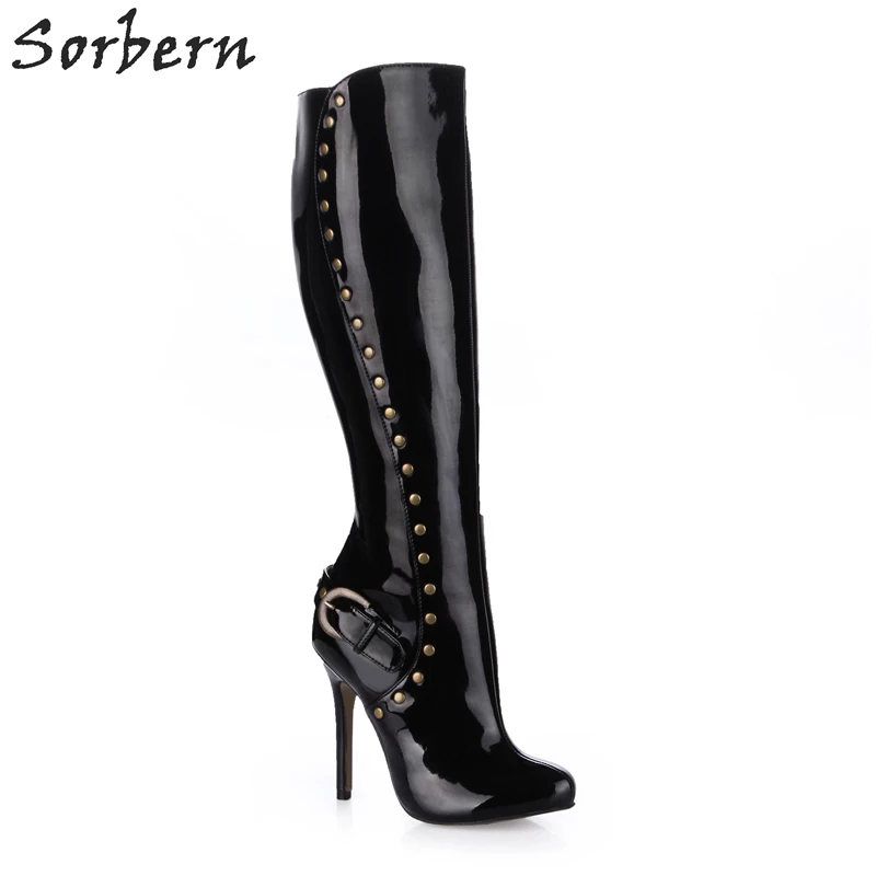 

Sorbern Black Patent Leather Pointed Toe Thin High Heels Stilettos Knee High Women Boots Winter Warm Shoes Fetish High Heel 42