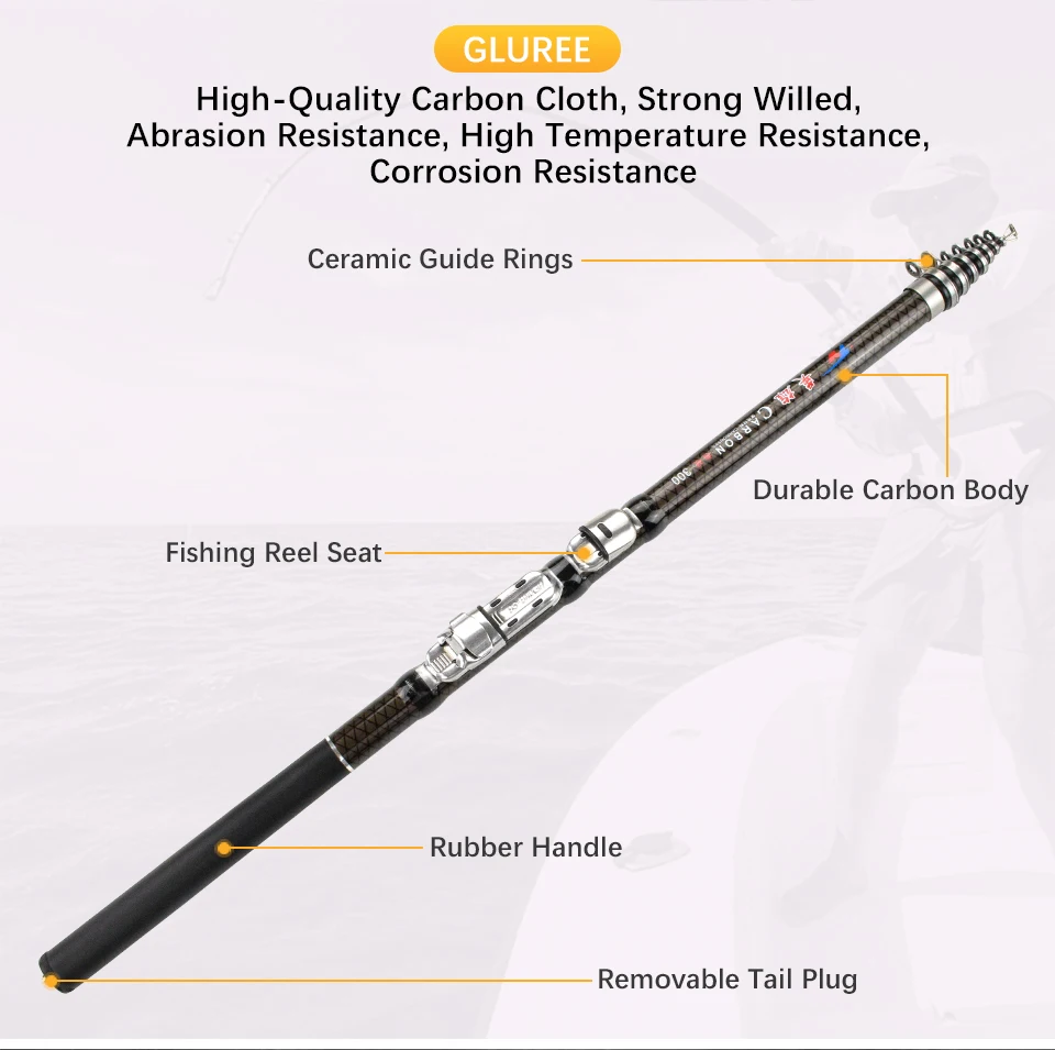 GLUREE 30T Carbon Spinning Telescopic Rock Fishing Rod 1.8 2.1 2.4 2.7 3.0 3.6M MH Power Carp Feeder Rod High Quality Hand  Pole (8)