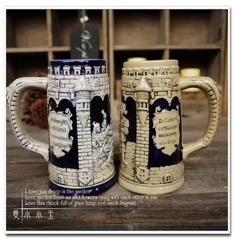 

2 Color Ceramic German Beer Mug Celebrations in The Castle Theme Hand Painted Mugs Embossed Pattern Coffee Cup 13*9*16cm