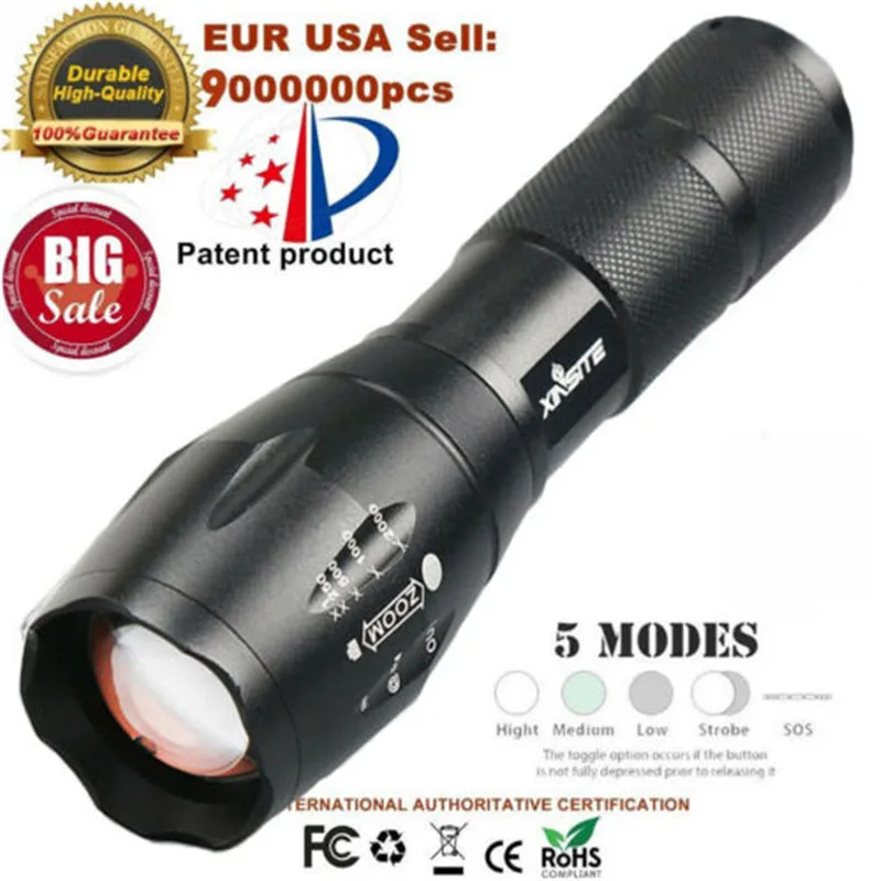 

Outdoor Police LED Flashlight Tactical 50000LM Tactical LED T6 Zoomable Torch Lamp 5 Modes AAA