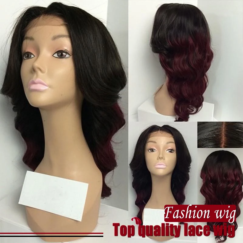 

Free Shipping High Quality Heat Resistant Fiber Ombre Black to Dark Maroon Red Body Wave Synthetic Lace Front Wigs