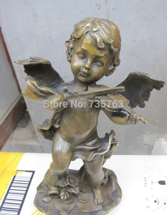 

001227 11"Western Art Bronze sculpture cute Cupid angel play the violin statue