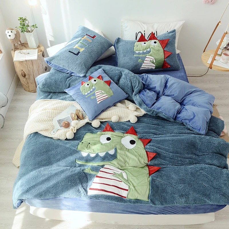 

Blue Cartoon Dinosaur Rabbit Unicorn Embroidery Fleece Fabric Child Bedding Set Flannel Duvet Cover Bed sheet/Linen Pillowcases
