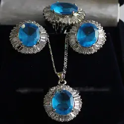 Новый прекрасный Наборы для ухода за кожей Серебряный Синий кристалл кулон ожерелье Стад серьги кольцо #2218