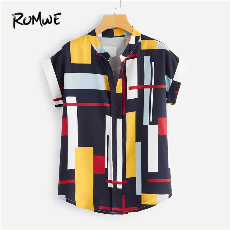 

ROMWE Casual Multicolor Color-Block Geo Print V neck Curved Hem Women Blouse 2019 Half Placket Short Sleeve Summer Top Blouses