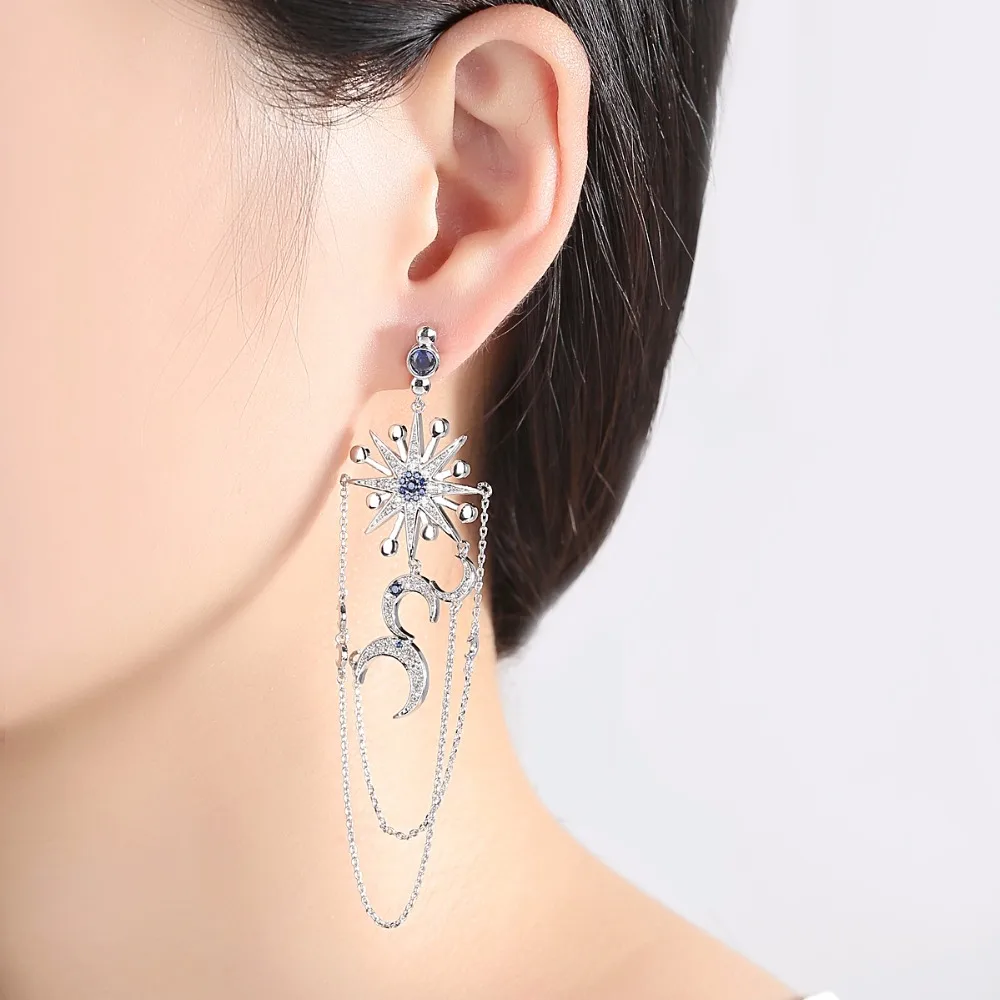 Cena LUOTEEMI luksusowy wiszący łańcuszek kolczyki dla kobiet wesele Twinkle gwiazda księżyc wyczyść CZ wykwintne Pendientes biżuteria kobiet prezent