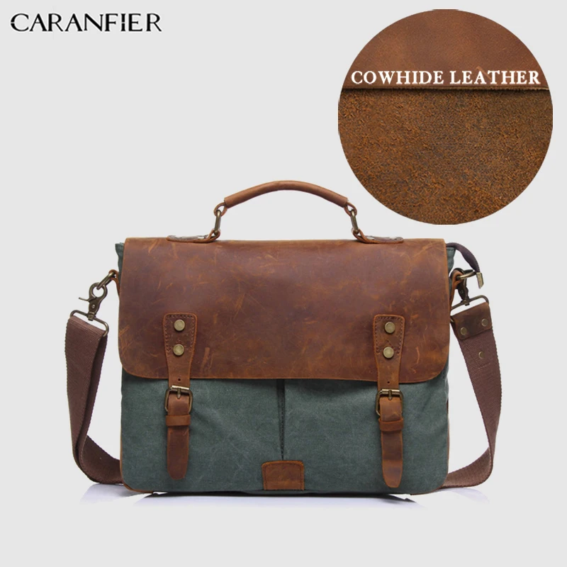 

CARANFIER Mens Briefcase First Layer Cow Leather Canvas Unisex Patchwork Bags Business Large Capacity Computer Travel Bags