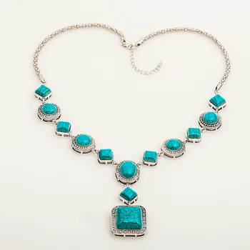 

European and American foreign trade jewelry turquoise necklace retro diamond circular geometric model gold necklace wholesale