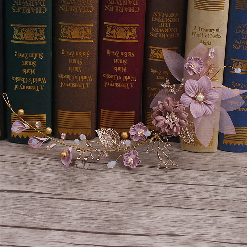 

Purple Flowers Hairbands Pearl Rhinestone Hair Jewelry For Wedding Bride Branch Floral Leaves Style Beads Headbands For Girl