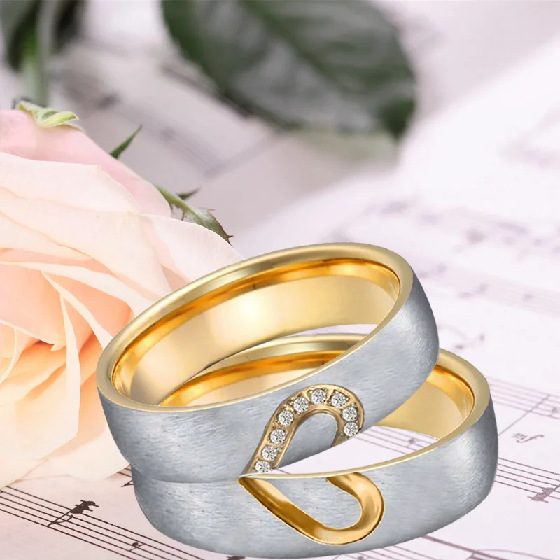 Bicolor Heart love Female Male Couple wedding rings men fashion jewelry gold color Engagement Women Rings (6)