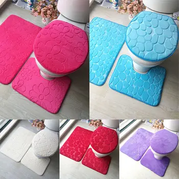 

Hot Sells Three Pieces Bathroom Mat Set Water Absorbent U-shape Toilet Seat Lid Cover