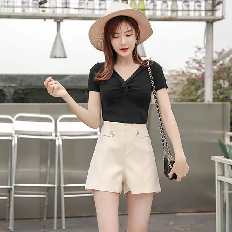

2019 Women's short feminino Wide Leg Shorts High Waist Solid Color Summer Casual Zipper Fly Hot Women's short