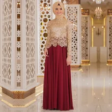 Hot Sale Burgundy Muslim hijab Evening Dresses 2017 Gold Lace Appliques Long Sleeves Prom Dresses Chiffon Vestido De Festa