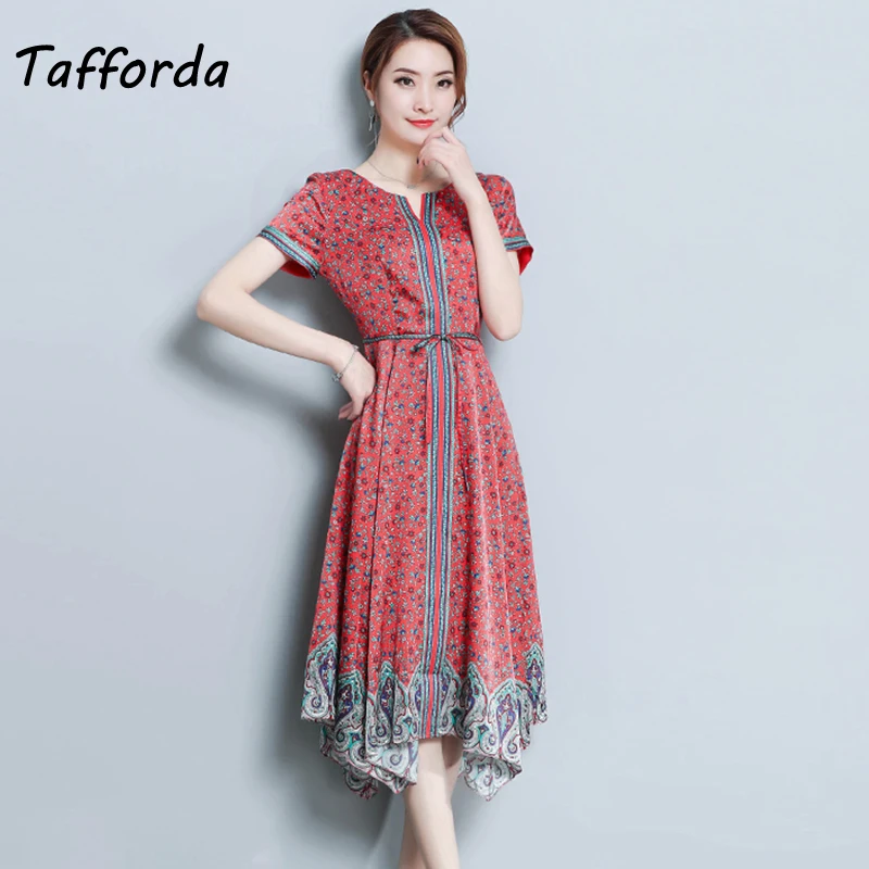 

Tafforda Summer Floral Printing Dress Large Size Slim Fashion Vintage Style Dress Sexy V-neck Short Sleeve A-line Female Dress