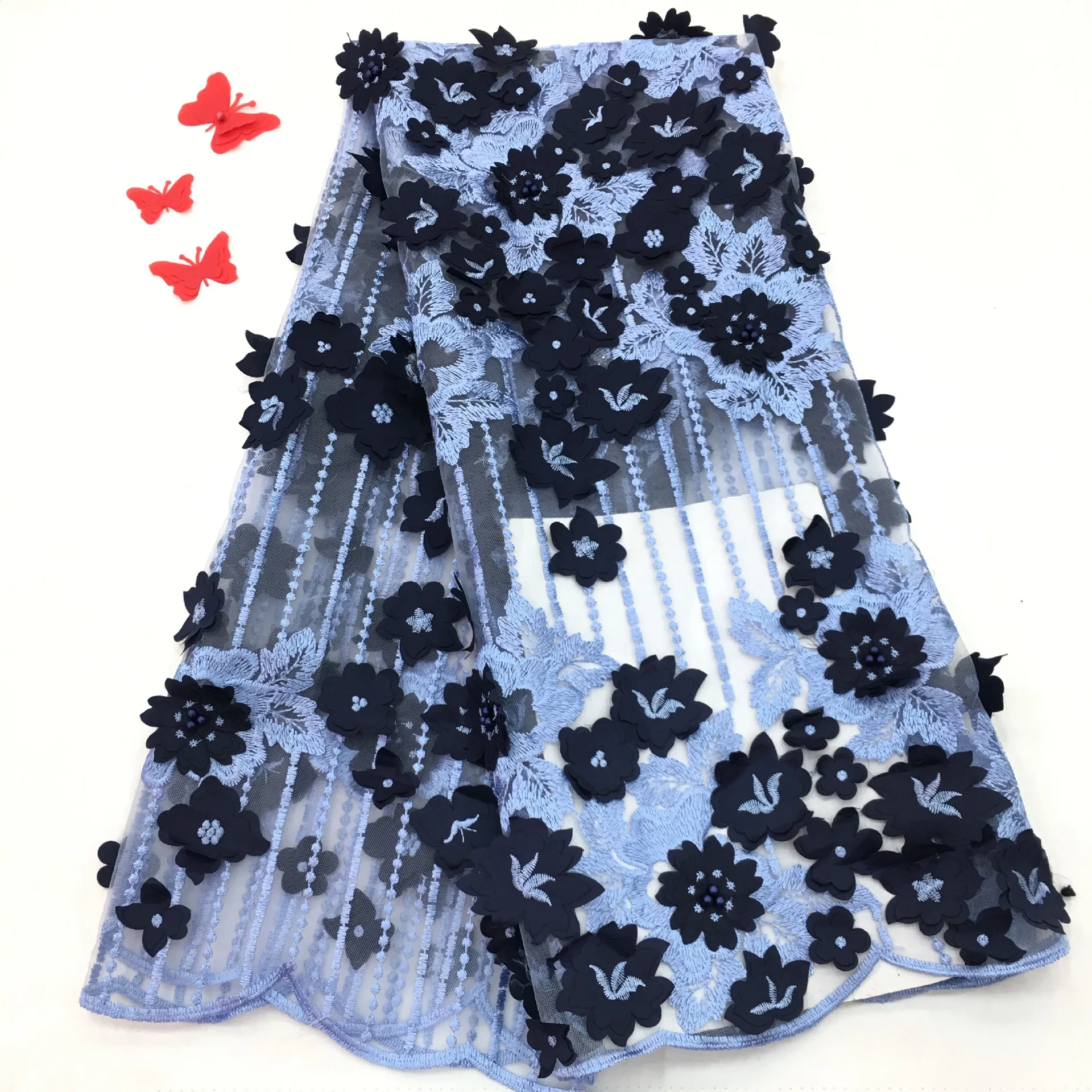Latest African 3D Flowers Lace Fabric French Tulle Voile Beaded Lace Fabric For Wedding Party Nigerian Bridal Laces Fabric