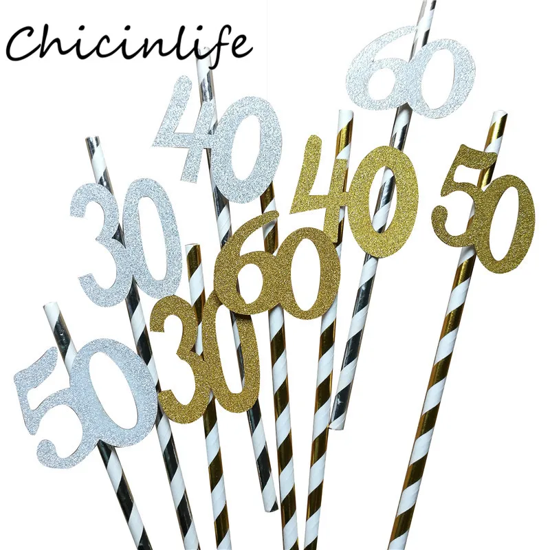 10 шт. Золотая/Серебристая соломка Chicinlife с цифрами 30/40/50/60 лет для питья взрослых