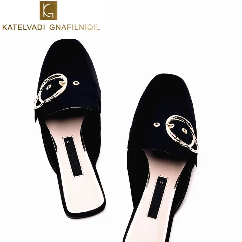 

Luxury Black Mules For Women Round Toe Flats Slippers Flock Slides Flat Woman Slippers Slip On Women Mules Party Shoes K-388