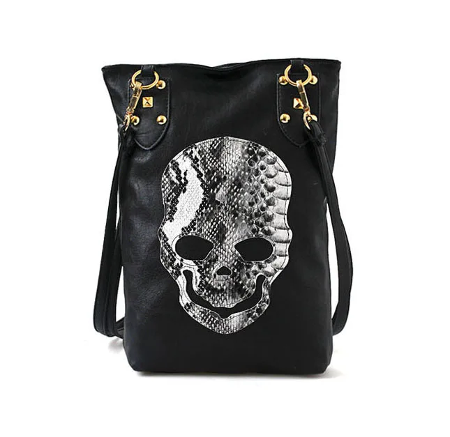 

2019 Punk Fashion Women Black Leather Messenger Bags Fashion Punk Messenger Cool Skull Rivets Shoulder Bags Sac A Main Bolsa