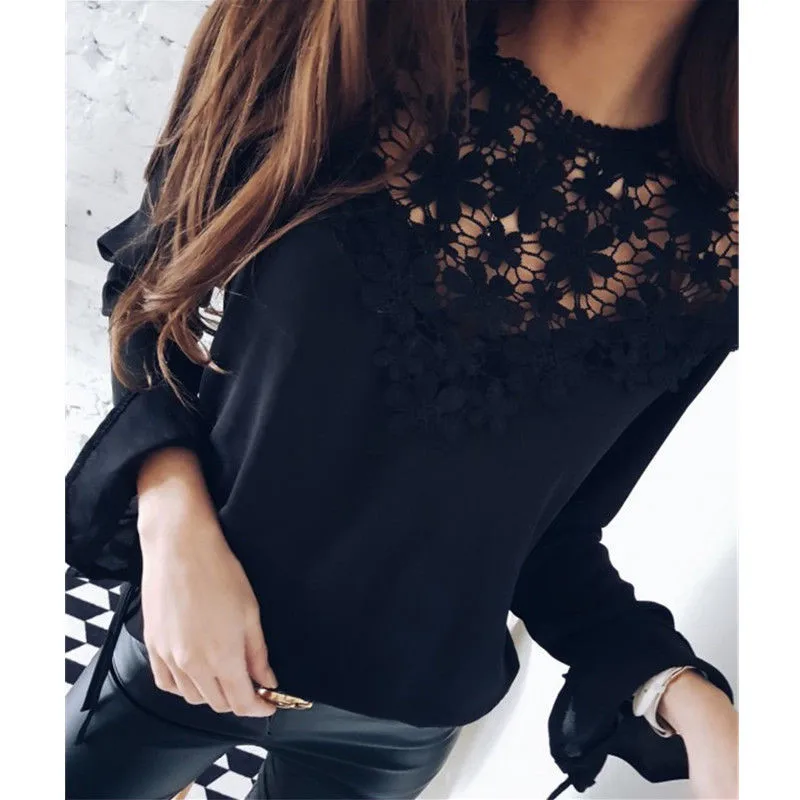 

New Grace Women Lace Floral Blouses Summer Hollow Out Shirts Ladies Long Sleeve Loose Fashion Blouse