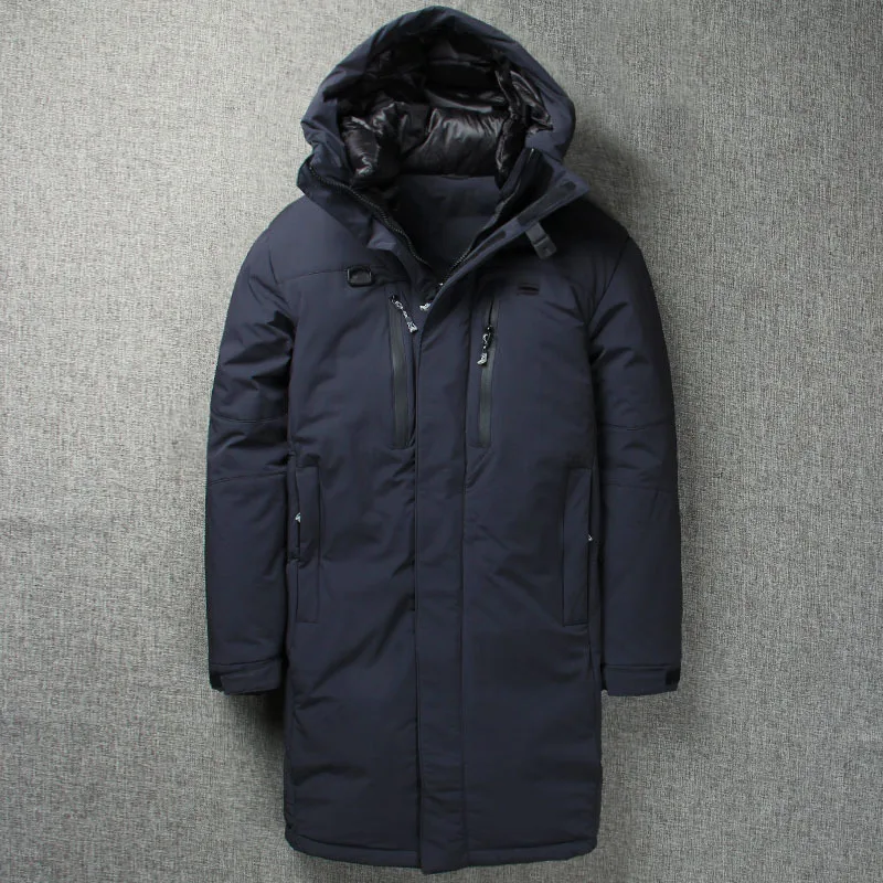 Зимняя длинная мужская куртка на утином пуху, уличная Лыжная Толстая мужская куртка на пуху, теплая ветровка, длинное пальто для мужчин - Цвет: Тёмно-синий