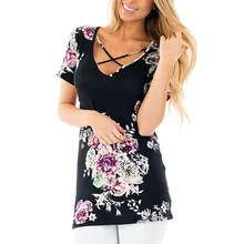 t shirt Loose Short sleeves Hollow Out Print Floral V-Neck summer t-shirt women vogue popular tee shirt femme brown v neck long sleeves loose plunge t shirt dress