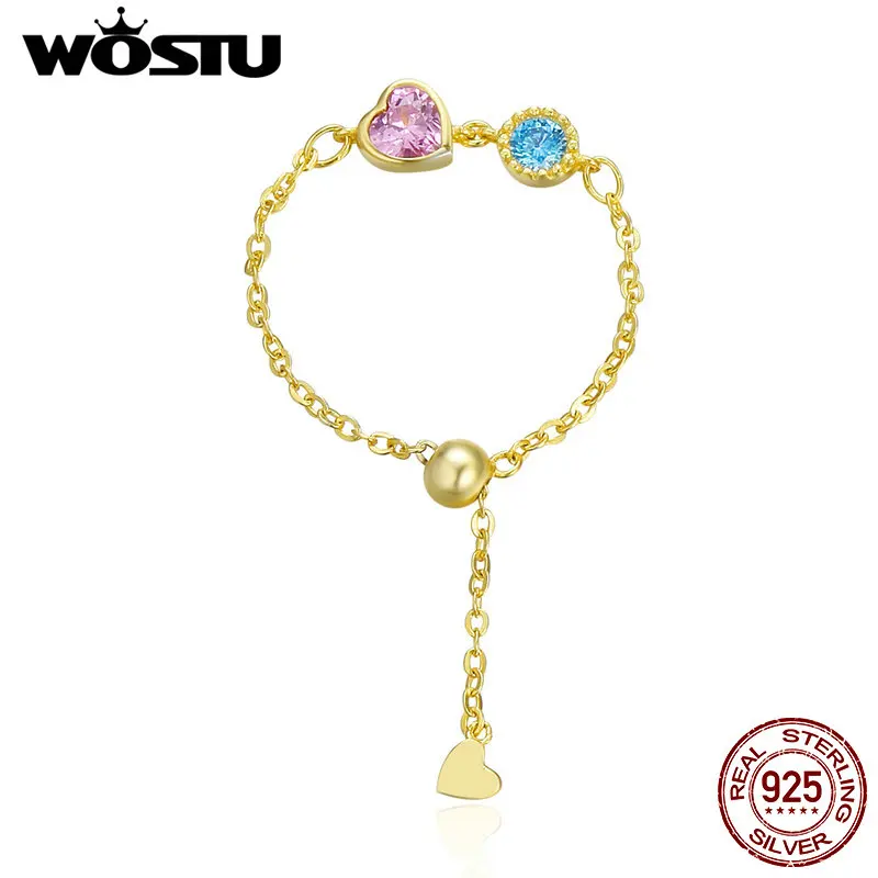 

WOSTU Authentic 100% 925 Sterling Silver & Gold Color Elegant Heart Chain Rings Luxury Adjustable Ring Fine Jewelry Gift CQR090