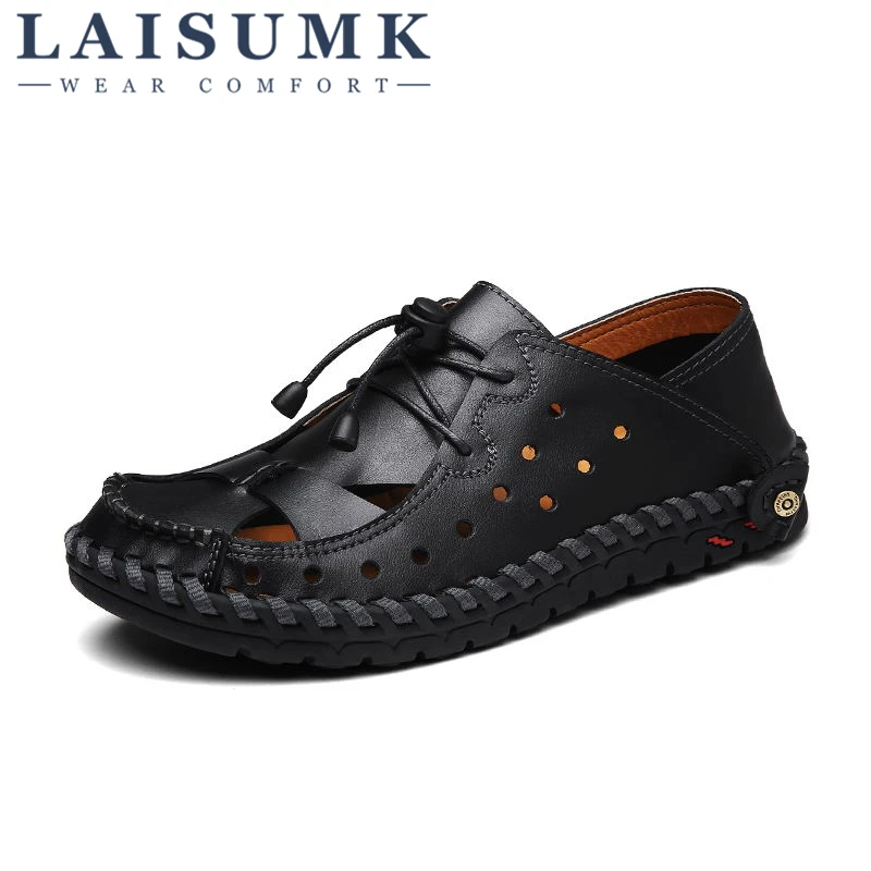 

LAISUMK Men Sandals Genuine Leather Fashion Gladiator Summer Beach Slippers Slip On Flip Flops Men Shoe Zapatos Sandalias Hombre
