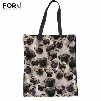 

FORUDESIGNS Kawaii 3D Puzzle Pug Dog/Puppy Print Woman's Linen Shopping Tote Bag Casual Students Cloth Bags Foldable Grocery Bag