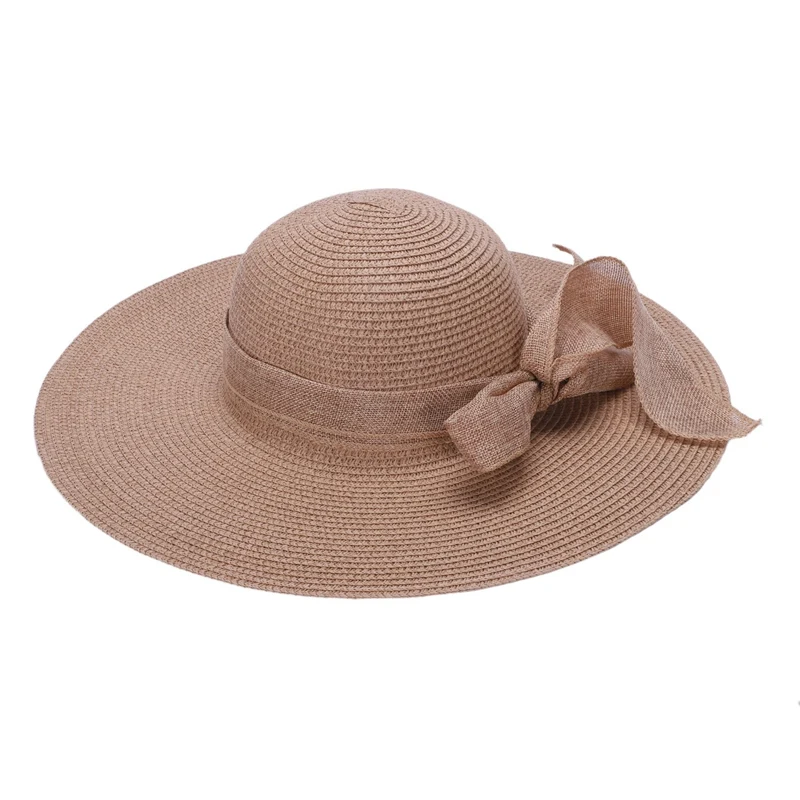 

NEW-Fashion Women Sun Hats Hand Made Straw Hat Female Ribbon Bow-Knot Wide Brim Beach Hat Casual Summer Shade Anti Uv Cap