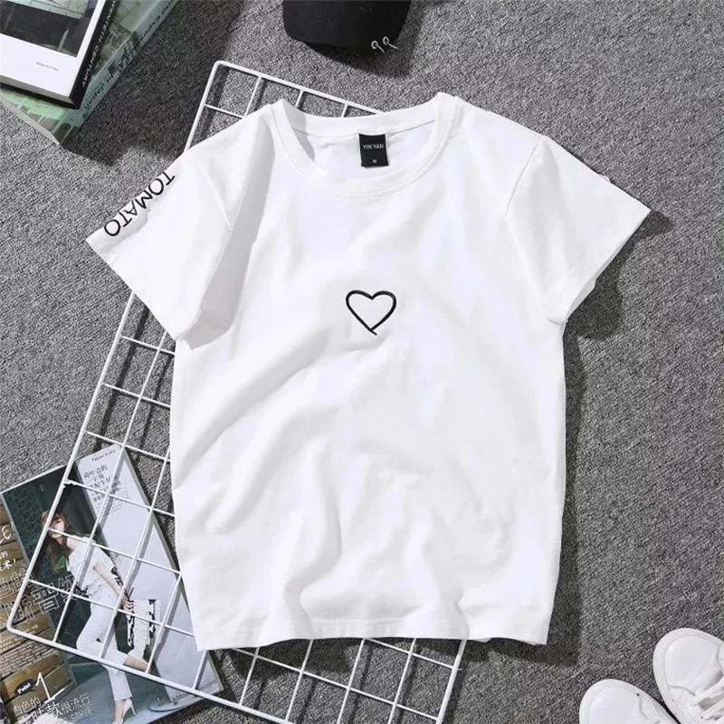 2018 Summer Couples Lovers T-Shirt For Women Casual White Tops Tshirt Women T Shirt Love Heart Embroidery Print T-Shirt Female