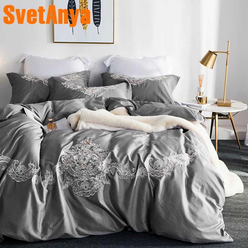

Svetanya Gray Embroidered Bedding Sets Queen King Size Bedlinen egyptian Cotton ( Sheet Pillowcase Duvet Cover Set )