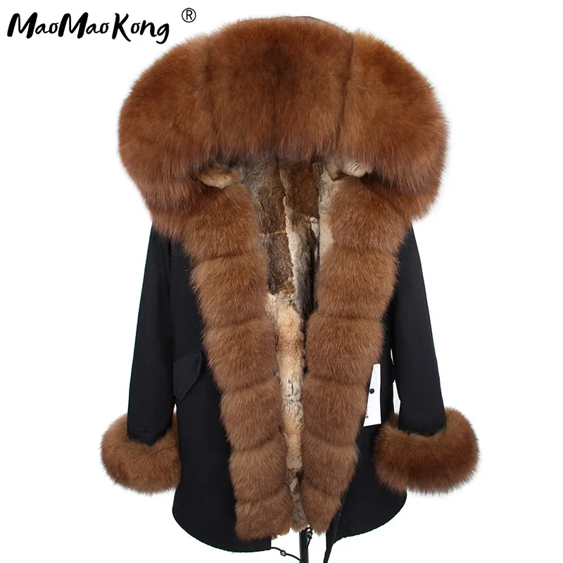 

2018 MaoMaoKong natural real Rabbit Fur liner women parkas natural fox fur Hooded winter Jacke coat long fur Parka outerwear