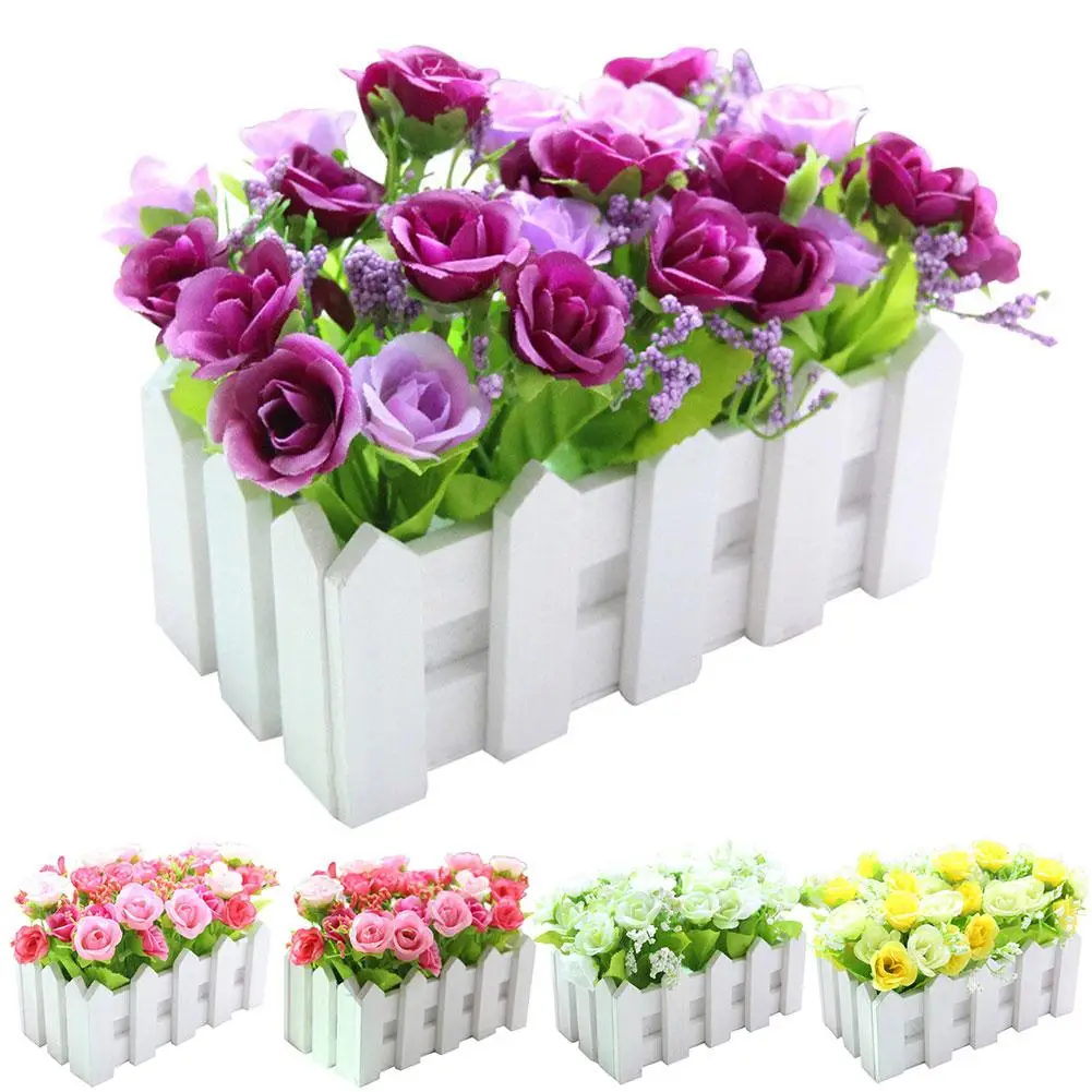 

Artificial Rose Flower Plastic Mini Bonsai Wood Fence Countryside Style Decor Prop Party Table Ornament Home Desk Floral Decor