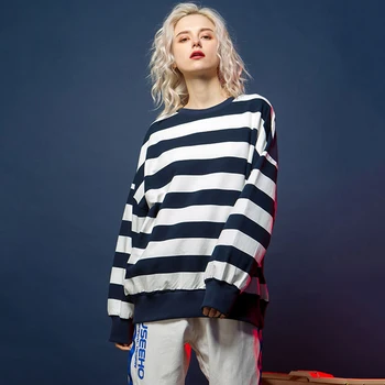 

Women's Spring Fashion Striped Hoodies Korean Sweatshirt 2019 New Arrival BF Style Friends Hoodie O-neck Long Sleeve Tops