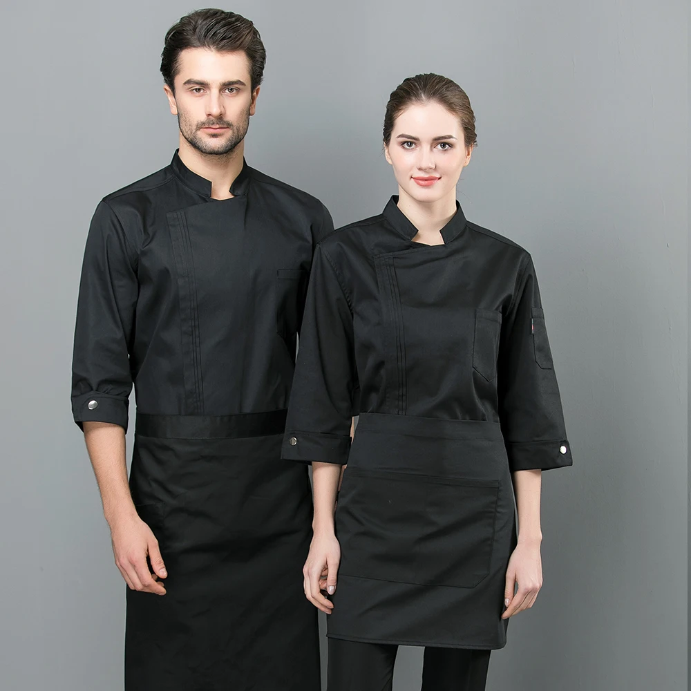 Куртка шеф-повара с рукавом семь четвертей, однотонная форма одежды для столовой, гостиничная рабочая одежда для мужчин и женщин, профессиональный костюм для суши, Комбинезоны - Цвет: Black